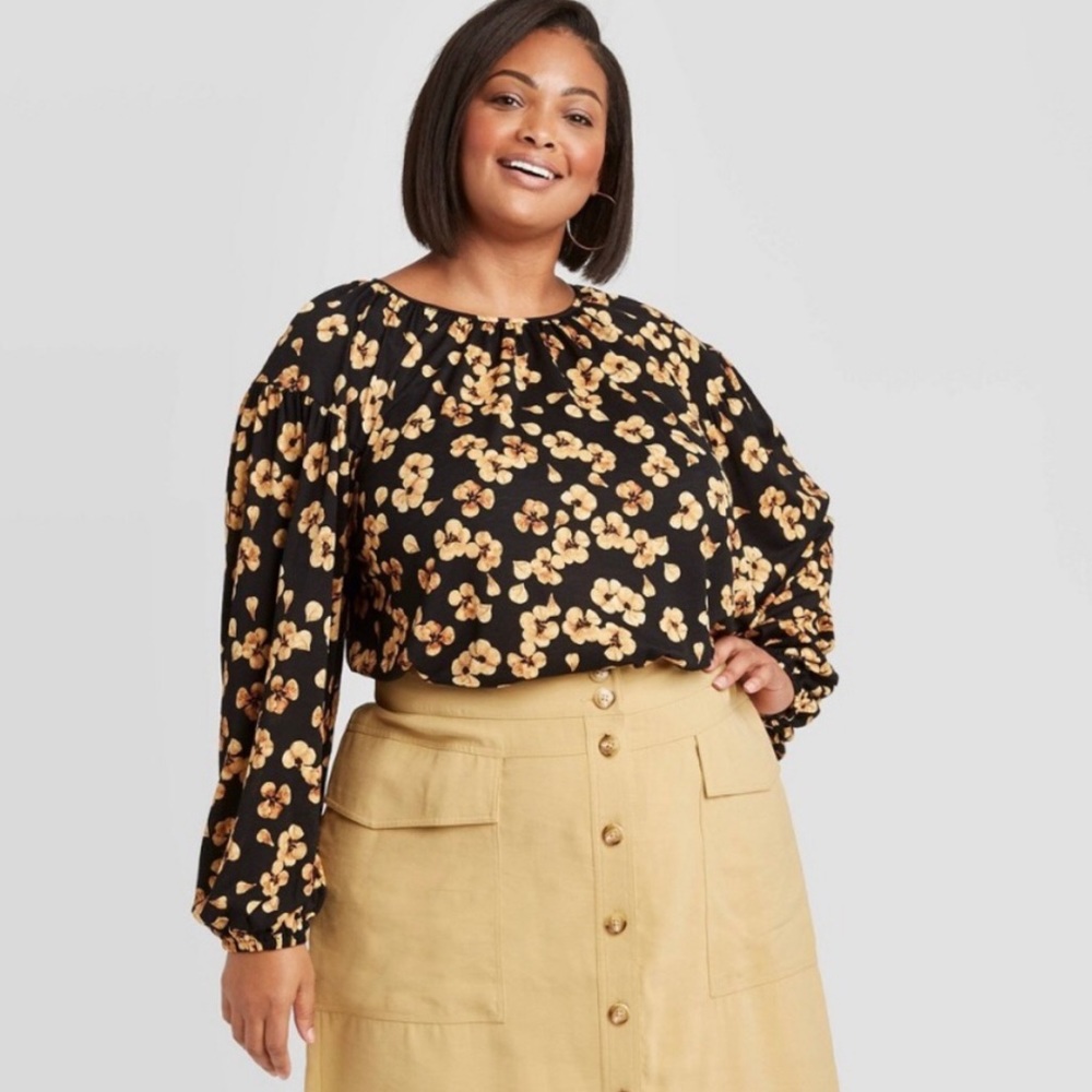 Ava & Viv Black Floral Long Sleeve Blouse 2X/3X4X